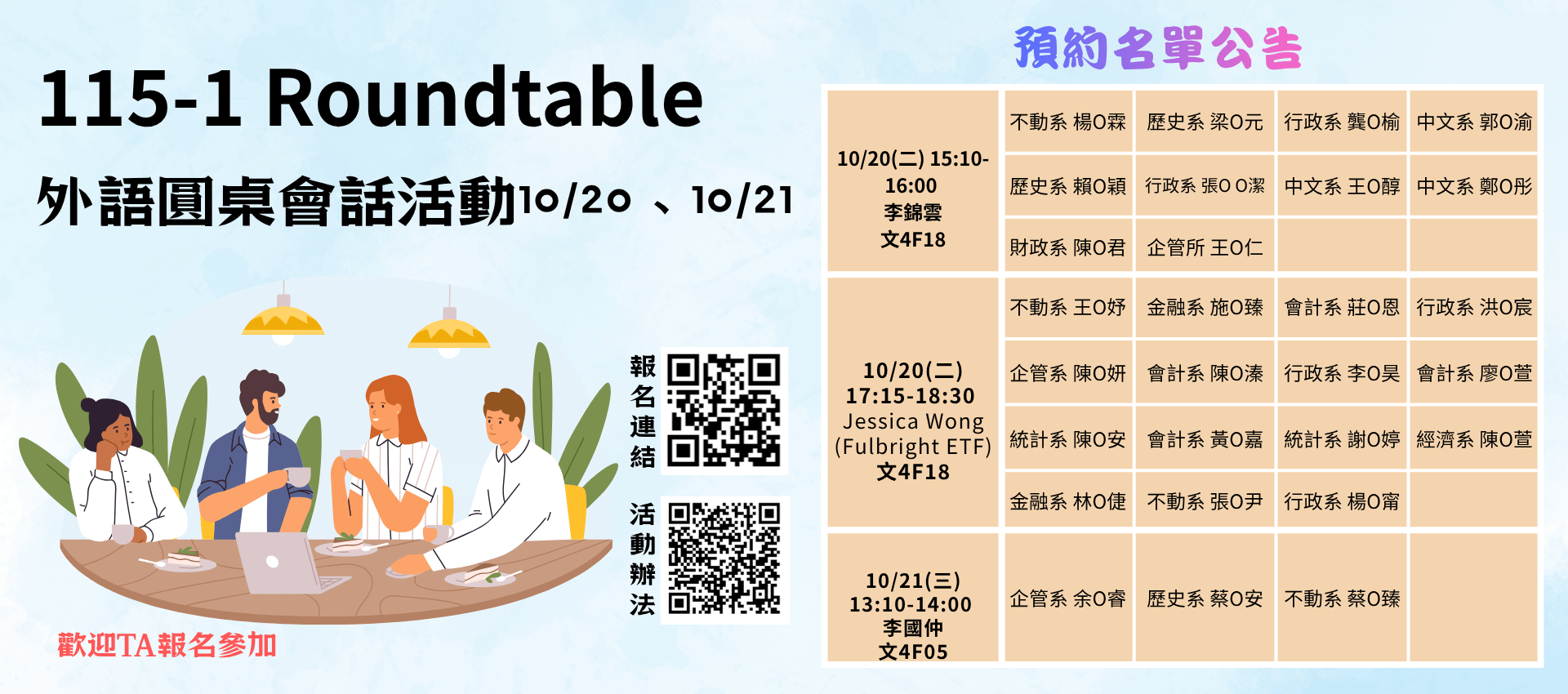 115-1 Roundtable 外語圓桌會話活動 10/19, 10/20 名單公告