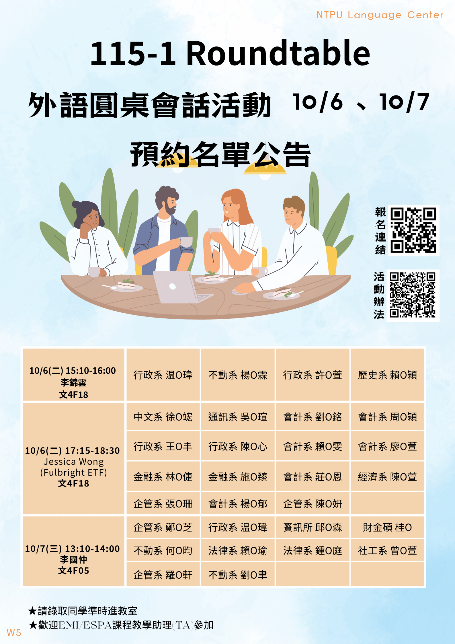 115-1 Roundtable 外語圓桌會話活動 10/6, 10/7 名單公告