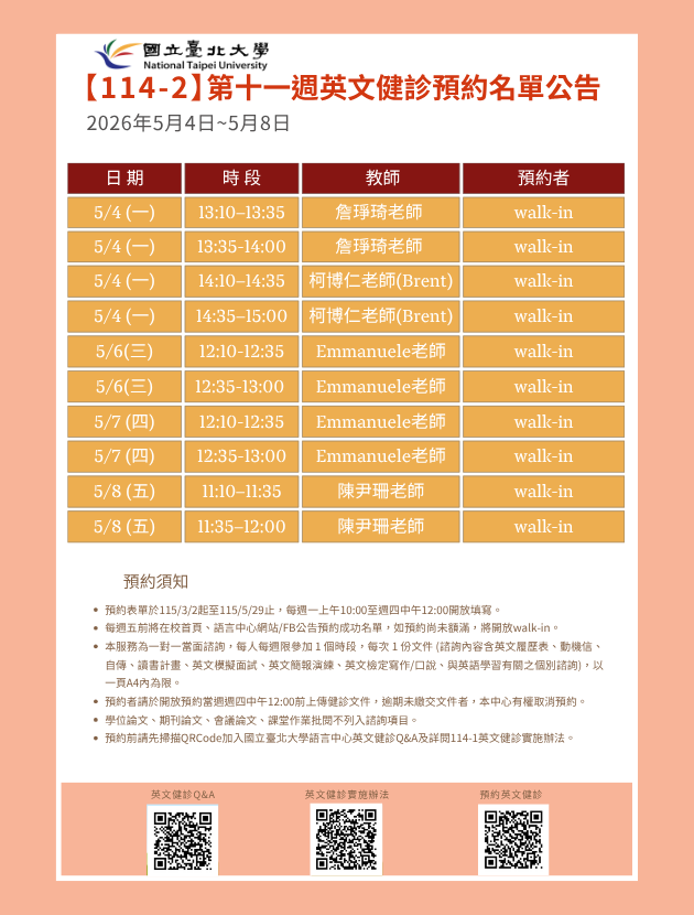第十一週(5月4日至5月8日) 英文健診預約名單如下圖。
無人預約的時段當日提供walk-in。(備註：週一和週三時段的walk-in，僅受理英文履歷表、英文模擬面試及英文簡報演練。)
   

英文健診預約相關資訊如下：

114學年度第2學期於2026/3/2 (一) 起 ~ 5/28 (五)止開放預約健診。預約連結：https://reurl.cc/74jk79，歡迎同學上網預約。
預約表單於每週一上午10:00至週四中午12:00前開放填寫。
每週五前將在校首頁、語言中心網站/FB公告預約成功名單，如預約尚未額滿，將開放walk-in。
本服務為一對一當面諮詢，每人每週限參加 1 個時段，每次 1 份文件 (諮詢內容含英文履歷表、動機信、自傳、讀書計畫、英文模擬面試、英文簡報演練、英文檢定寫作/口說、與英語學習有關之個別諮詢)， 以一頁A4內為限。
預約者請於開放預約當週週四中午12:00前上傳健診文件，逾期未繳交文件者，本中心有權取消預約。
學位論文、期刊論文、會議論文、課堂作業批閱不列入諮詢項目。
預約前請先加入：國立臺北大學語言中心英文健診Q&A
詳情請看：114學年度第1學期英文健診實施辦法
若有任何問題，歡迎來信/來電詢問：
信箱：harryliu@gm.ntpu.edu.tw
電話：(2) 886-2-8674-1111 #66481