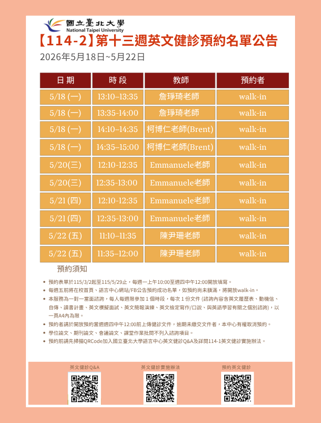 第十三週(5月18日至5月22日) 英文健診預約名單如下圖。
無人預約的時段當日提供walk-in。(備註：週一和週三時段的walk-in，僅受理英文履歷表、英文模擬面試及英文簡報演練。)
   

英文健診預約相關資訊如下：

114學年度第2學期於2026/3/2 (一) 起 ~ 5/28 (五)止開放預約健診。預約連結：https://reurl.cc/74jk79，歡迎同學上網預約。
預約表單於每週一上午10:00至週四中午12:00前開放填寫。
每週五前將在校首頁、語言中心網站/FB公告預約成功名單，如預約尚未額滿，將開放walk-in。
本服務為一對一當面諮詢，每人每週限參加 1 個時段，每次 1 份文件 (諮詢內容含英文履歷表、動機信、自傳、讀書計畫、英文模擬面試、英文簡報演練、英文檢定寫作/口說、與英語學習有關之個別諮詢)， 以一頁A4內為限。
預約者請於開放預約當週週四中午12:00前上傳健診文件，逾期未繳交文件者，本中心有權取消預約。
學位論文、期刊論文、會議論文、課堂作業批閱不列入諮詢項目。
預約前請先加入：國立臺北大學語言中心英文健診Q&A
詳情請看：114學年度第1學期英文健診實施辦法
若有任何問題，歡迎來信/來電詢問：
信箱：harryliu@gm.ntpu.edu.tw
電話：(2) 886-2-8674-1111 #66481